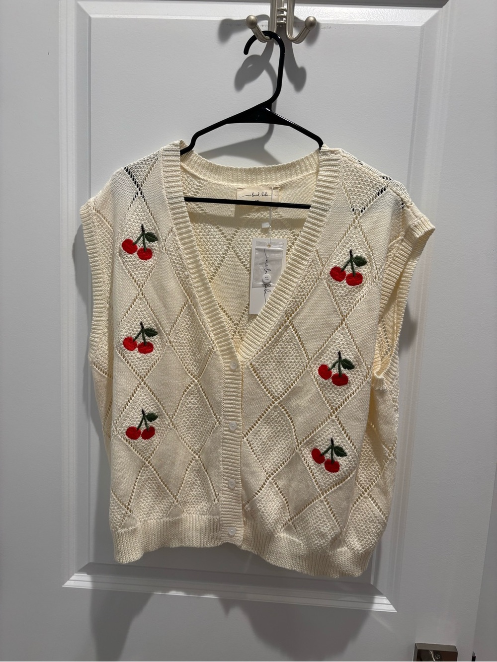 Cream Cherry-Embroidered Knit Cardigan Vest